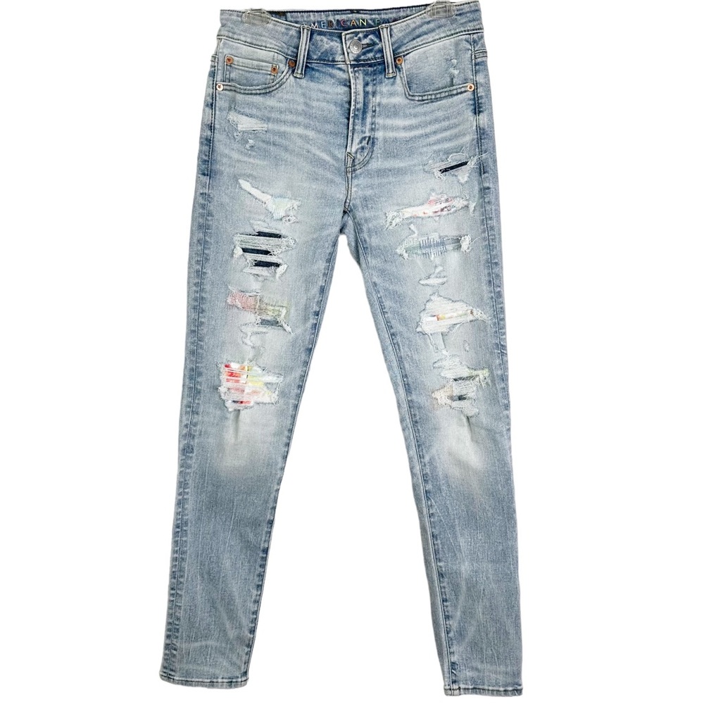 NWOT American Eagle Airflex+ Patched Athletic Skinny Jeans Light Blue Mens 29x32 - Picture 4 of 12